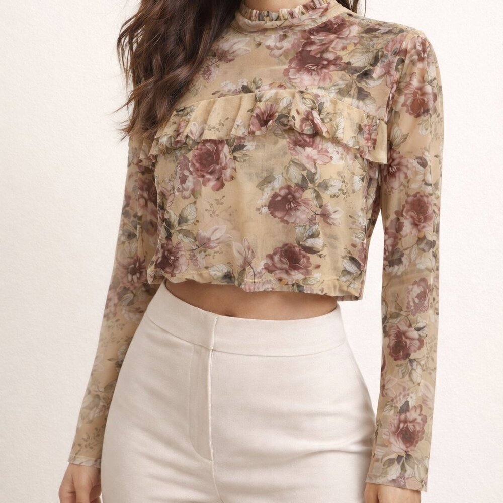 NWT Forever 21 Floral Mesh Ruffle Top - Sheer Mock Neck Cottagecore Size XL